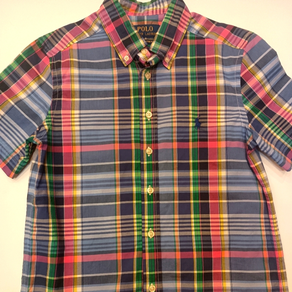 WORN 1X BOYS RALPH LAUREN POLO SHORT SLEEVE PLAID SHIRT SZ M 10/12